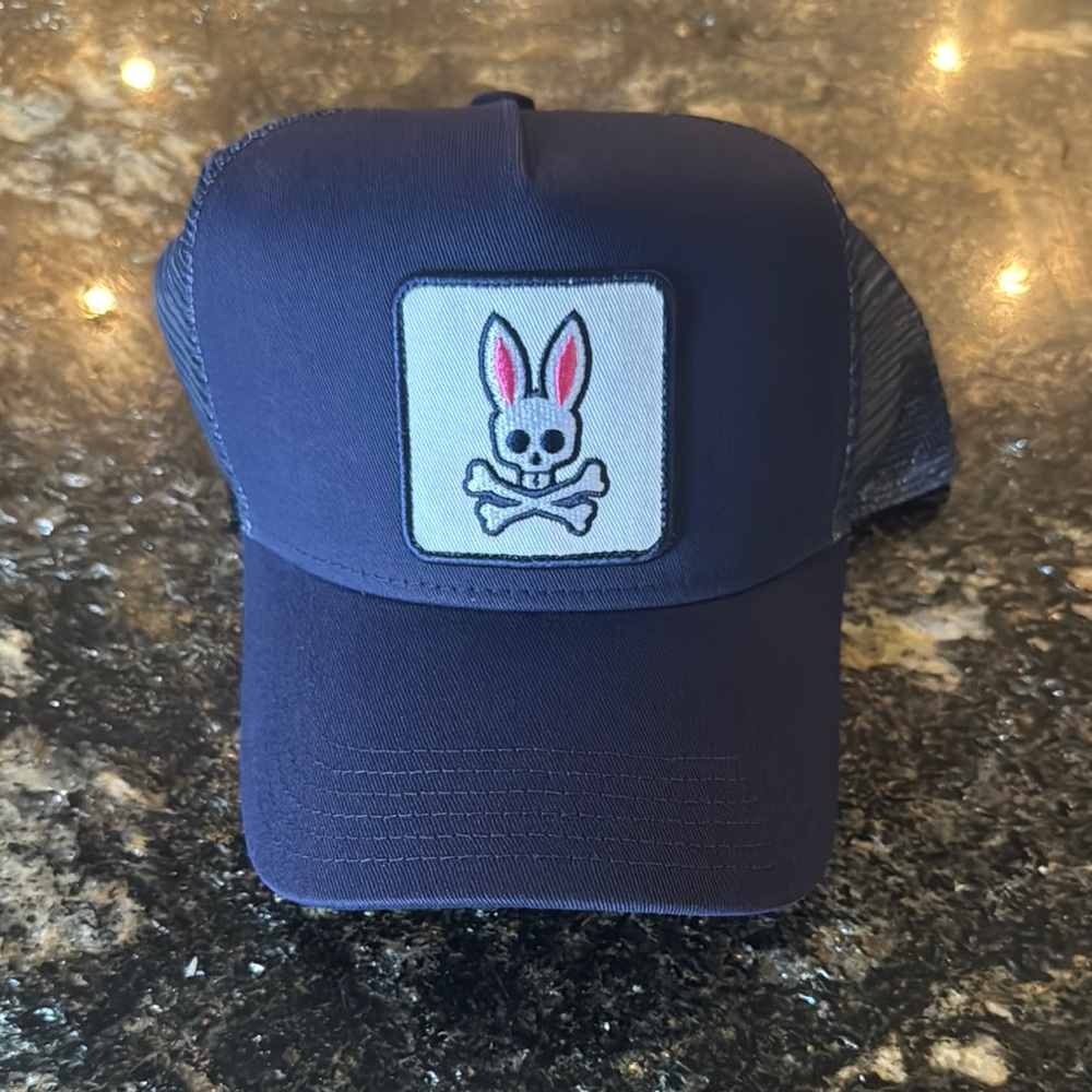Psycho bunny Navy Blue Trucker Hat with Bunny Skull Patch